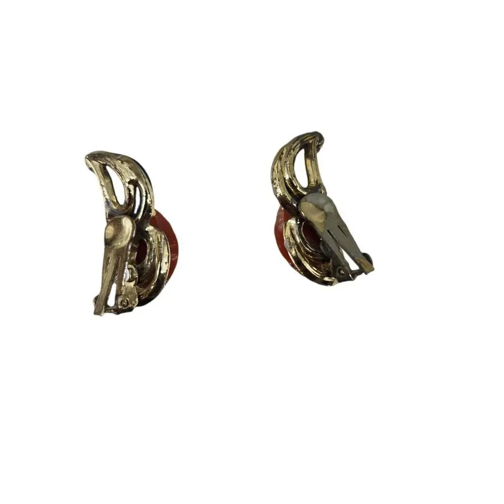 1980s Blue Orange Acrylic Gold Tone Clip-On Earrings | Sculptural